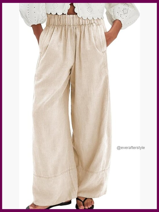 Pants - Cotton Linen Wide Leg Palazzo Pants with Pockets Casual Lounge Trousers